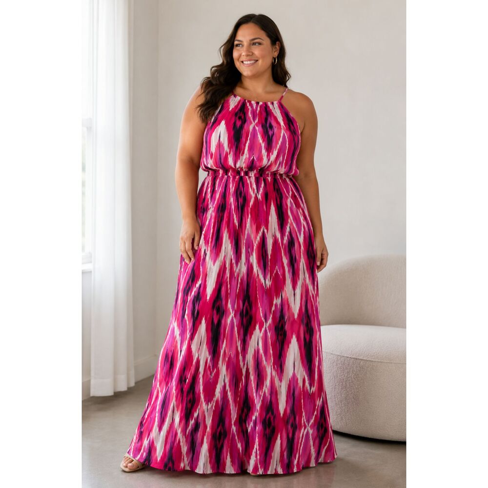 Chico's Black Label Pleated Halter Maxi Dress Pink Ikat Size 2.5 US 14 New w Tag